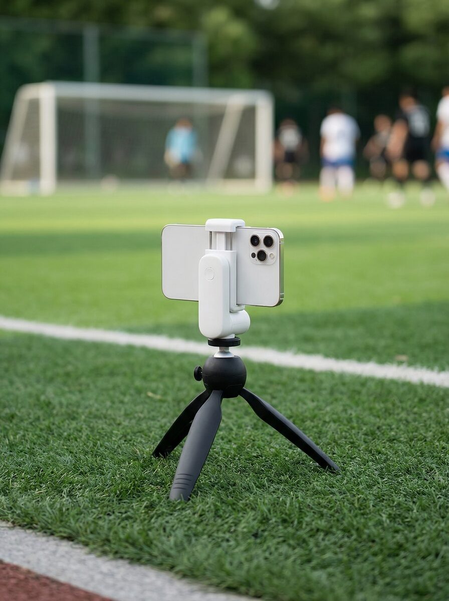 GizmoCam mounted on a tripod with a smartphone on a soccer field sideline