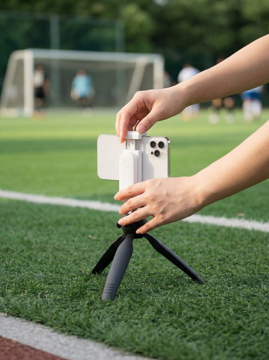 Hands setting up GizmoCam on a tripod at a soccer field