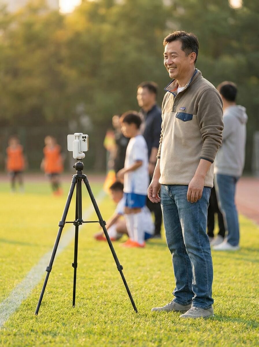 Parent watching their child's soccer game while GizmoCam records on a tripod